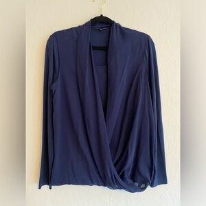 Lafayette 148 navy blue long sleeve layered drape front silk blouse / top sz L